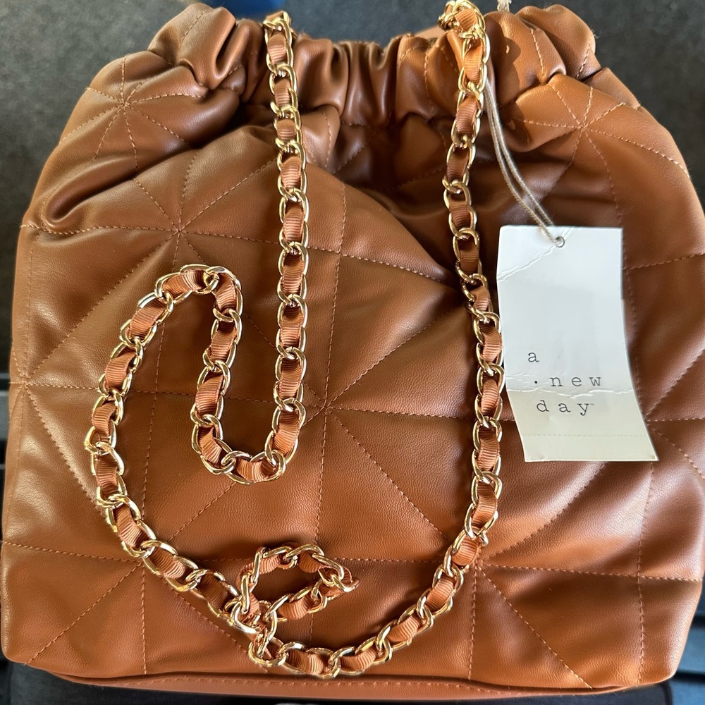 A New Day Tan Quilted Shoulder Bag with Chain Strap